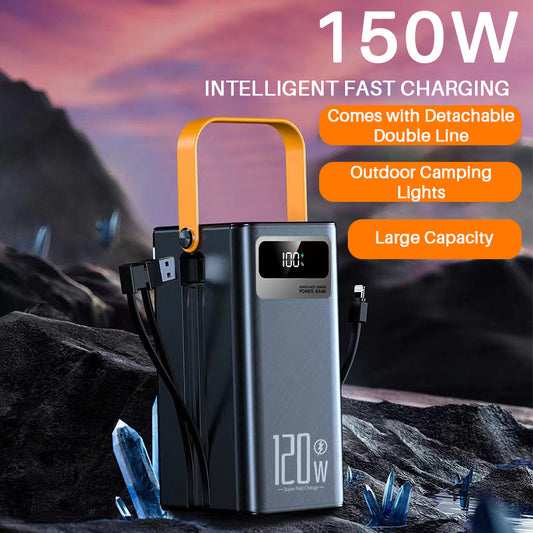 50000mAh, supporting fast charging with a 120W output. It features 4 USB ports, a Type-C port, and a lighting port KMR-01